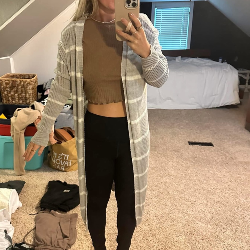 Gray and White Striped Cardigan